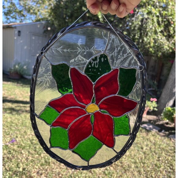 Poinsettia Christmas Floral Painted Suncatcher Oval 2-Loop Hanging Stained Glass - Picture 1 of 6